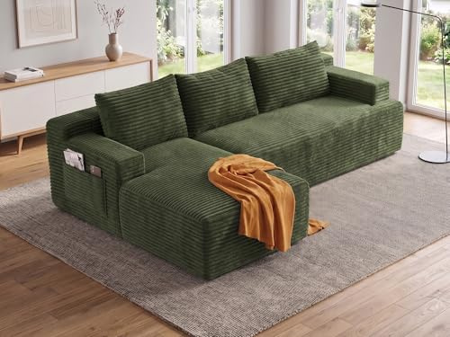 LANOX Ecksofa mit Schlaffunktion 238 cm, Cord L Form Couch ohne Montage, modulares Bodensofa mit Taschenfederkern, Cloud Polstersofa für Wohnzimmer Apartment, Grün