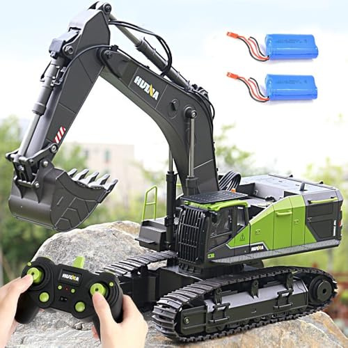 DIJIUCL Remote Control Excavator 1:14 22CH 2.4G RC Excavator Huina 1593 Toy, RC Excavator Sandpit with Full Function Digger Remote Control and Metal Shovel with 2 Batteries