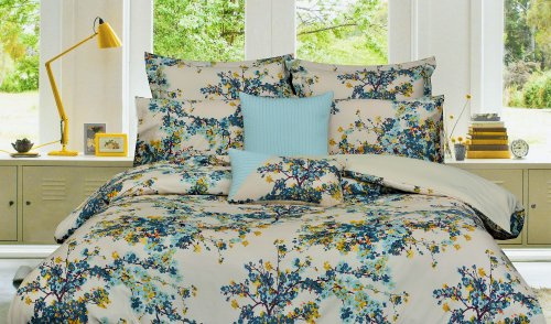 Tribeca Living Floral Printed King Cotton Sateen Duvet Cover Set, 300 Thread Count, Oversized, Five Piece Set Includes Duvet Cover, Sham Pillowcases and Decorative Pillows, Casablanca/Beige