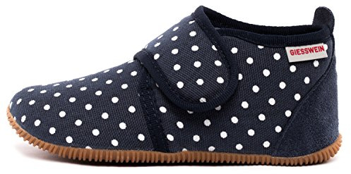 GIESSWEIN Hausschuh Stans - Slim Fit - Kinder Hausschuhe Unisex | Bequeme Baumwoll Slipper | Mädchen Pantoffeln mit Punkten | rutschfest,28 EU, Dunkelblau 548