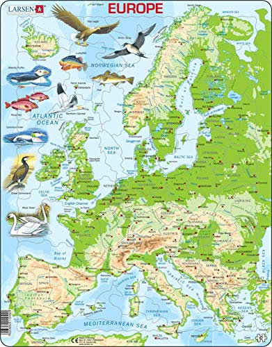Larsen Puzzle Europe Map, Ages 7+, Topographic Jigsaw, Learn Geography, Figure Pieces, Tray & Frame, Educational Puzzle, 87 pcs, English Edition, Gift for Kids & Classroom