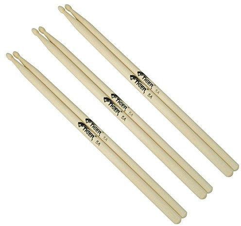 TIGER Music, lot de 3 baguettes en bois 5A 5A Wood Tip 3 Pairs naturel