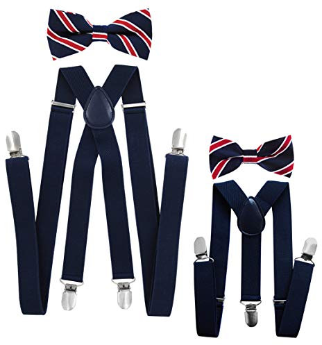 axy Vater-Sohn Partnerlook Hosenträger mit Fliege Set für Herren-Damen-Kinder (Schwarzblaue Hosenträger Breit 2,5cm + Fliege Nr.9)