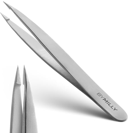 By MILLY Pointed Tweezers | High Carbon Stainless Steel Needle Nose | Fine Point Precision Hair Removal | Perfectly Aligned & Hand-Filed Sharp | Silver