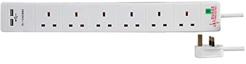 Ex-Pro 6 Gang Way 3m 13A Mains Power Surge Protected 2 x USB Charge Ports 2.4A 5v Extension Socket Cable - White