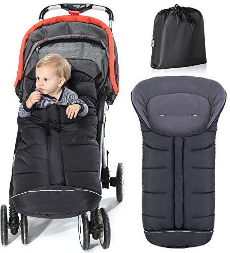 Orzbow Winter Fußsack für Kinderwagen,Baby Fußsack für Buggy mit Kapuze mit Kordelzug,Warmes Polar Fleece,Reflektorstreifen,Reißverschluss,Wasserdicht und Maschinenwaschbar (Schwarz)