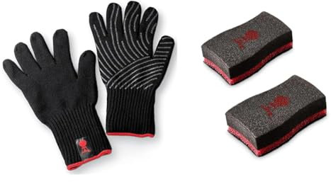 Weber Premium Grillhandschuhe - Größe L/XL, 1 Paar, aus Kevlarmischgewebe & Reinigungsschwamm, 2er Set, mit zwei Seiten für unterschiedliche Oberflächen