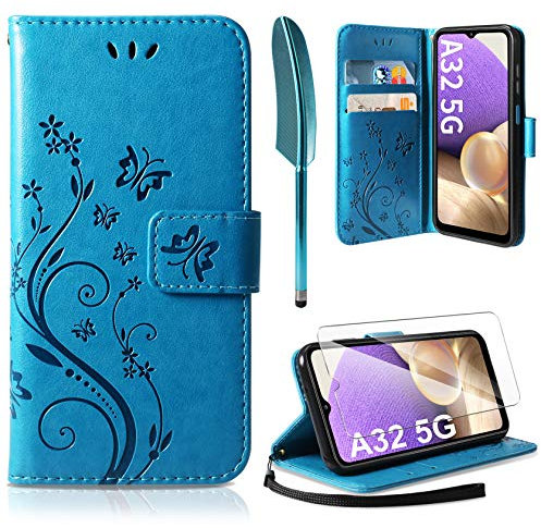 AROYI Lederhülle Kompatibel mit Samsung Galaxy A32 5G Hülle und Schutzfolie, Flip Wallet Handyhülle PU Leder Tasche Case Kartensteckplätzen Schutzhülle Kompatibel mit Samsung Galaxy A32 5G Blau
