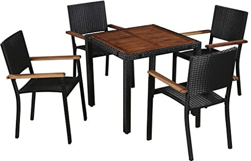 vidaXL Terrasse Essgruppe 5-teilig, Esstisch Set mit Holz Tischplatte Outdoor Möbel Set für Garten Balkon Poly Rattan und Akazienholz Schwarz