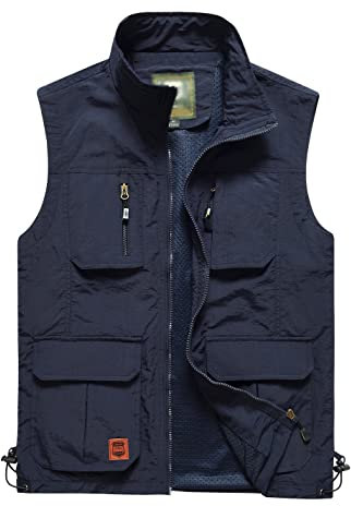 Gnveub Herren-Angelweste, Outdoor, Arbeit, schnelltrocknend, Jagd, Reißverschluss, wendbar, Reiseweste, Jacke mit mehreren Taschen, Marineblau, M