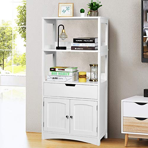 COSTWAY Bathroom Storage Cabinet, Wooden Freestanding Tall Cupboard with Open Shelves, Drawer and Door, Home Kitchen Living Room Hallway Organiser Unit (White)