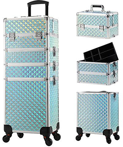 Professional 4-in-1 Large Makeup Trolley Beauty Cosmetics Vanity Organizer Rolling Make up Train Case Hairdressing Storage Box with Universal Wheels and Key Locks 4 Tiers (Mint Blue)