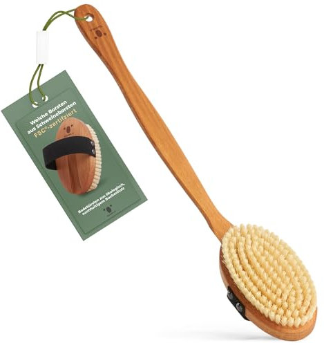QUOALA® Premium Badebürste/Body Brush – FSC-zertifiziert, Schweineborsten (weich) – Rückenbürsten mit langem Stiel für Rücken & Ganzkörpermassage, Trocken- & Nassbürste – 100% Made in Germany