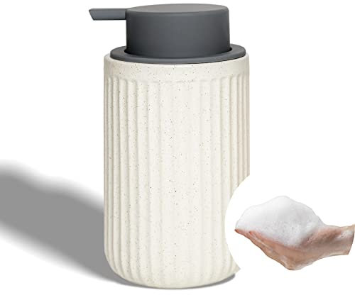 ABBI NIMO Keramik-Schaumseifenspender, gesprenkelte gerippte Flasche mit grauem Silikonpumper, Schaumpumpseifenspender für Küche oder Bad, gesprenkeltes Beige, 350 ml