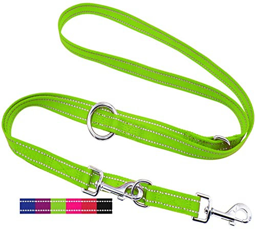 DEY - Premium Hundeleine Nylon 2m | Reflektierend | 3fach Verstellbar | für Kleine, Mittelgroße u. Große Hunde | viele Farben |Doppelleine Hund | Schleppleine | Führ-Leine | Welpenleine | Grün, L