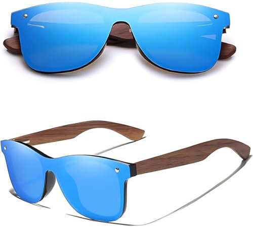 KINGSEVEN Holz Sonnenbrille für Herren und Damen I Unisex Polarisierte Sonnenbrille mit Holzbügeln aus Walnuss I UV400-Schutz I Modische Rahmenlose Spiegelgläser I 5504 Blau