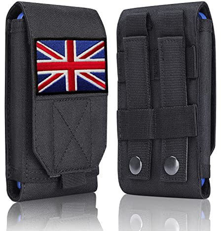Aprocase Black Upgrade Universal Tactical Molle Mobile Phone Holster Heavy Duty Waterproof Smartphone Waist Bag for iPhone 13 Pro Max Samsung Galaxy S22 S21 4.7''-6.7'' Phone with UK Flag Patch