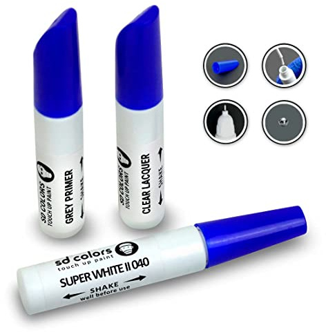 SD COLORS 12 ml Touch-Up-Farbe, Klarlack und Grundierung mit Pinsel - SUPER White II (040) - Kompatibel mit Toyota - Kratzer, Chips und Lackreparatur