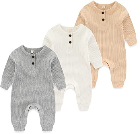 MAMIMAKA Lot de 3 grenouillères sans pieds en coton pour nouveau-né de 0 à 24 mois