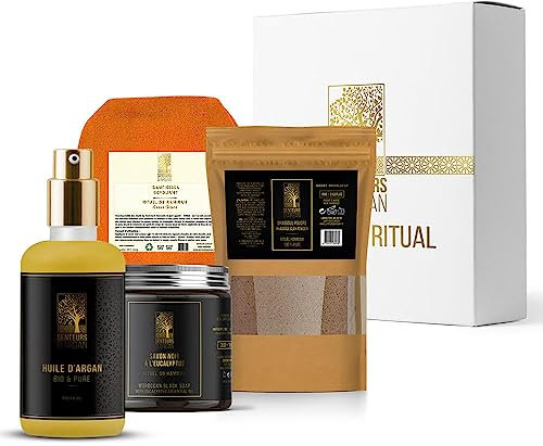 COFFRET CADEAU HAMMAM- Huile d'argan bio du Maroc 30ml- Gommage au Savon noir à l'Eucalyptus 200G- Gant de gommage corps Kessa Hammam, Ghassoul en poudre 100gr