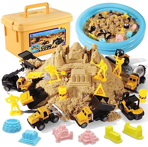 HONGTUO Play Construction Sand Kit, 2.2lbs Magic Sand, Inflatable Sandbox | 8 Alloy Construction Vehicles, 8 Worker Figures, Road Signs, 6 Castle Molds, Storage Box, Sensory Toys, Gift for Kids Ages 3+