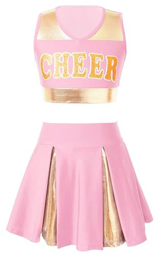 Kaerm Cheerleading Kostüm Mädchen Cheer Leader Outfit Metallic Crop Top V-Ausschnitt Oberteil Bauchfrei Stretch Faltenrock Minirock Sommerrock Tanzkostüm Light Pink 152