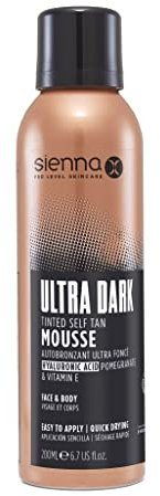 Sienna X Fake Tan Ultra Dark Mousse 200ml. Face & Body Tanning With Hyaluronic Acid, Vitamin E. Light Vegan Foam Tan For Sun Kissed Glow. Long Lasting Flawless Colour Ideal For New Tanners.