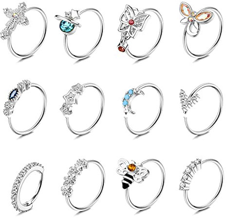 Dochais 12 Stück Nasenring Edelstahl, Nasenringe Nasenpiercing, Hoop Nose Ring, Helix Ring Set, Daith Ring, Hoop Ohrringe Septum, Schmetterling Biene Mond Nasenring für Damen Männer Silber 8mm 20G