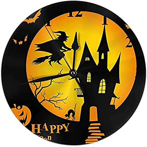 Halloween Party Scary Full Moon Wall Clock Spooky Sweeper Witch Silent Non Ticking Round Clock Decorative Battery Operated Wall Clock 10 Inch Black Yellow