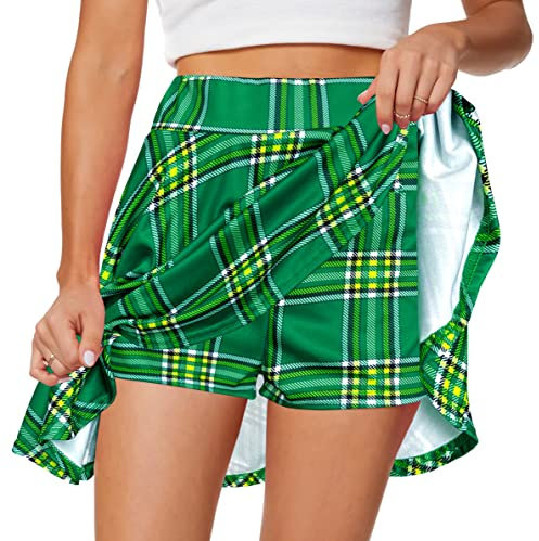 Afibi Mini jupe patineuse plissée avec short pour femme, Vert/carreaux, XX-Large
