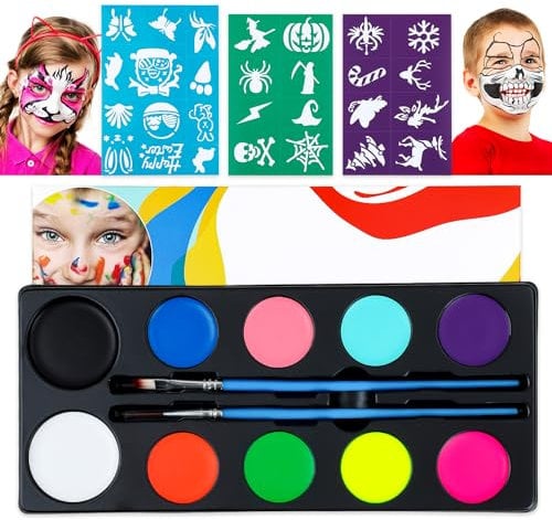 FLYISH DIRECT Colori Trucco Viso Bambini, Colori per dipingere il corpo, Trucchi Bambina anallergici, 10 colori con 2 pennelli e 28 stencil
