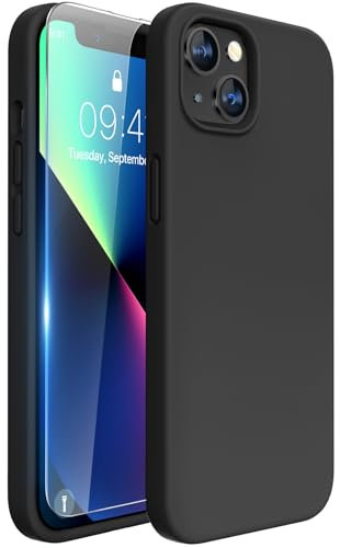 Miracase Designed for iPhone 13 Case with Screen Protector, [Soft Anti-Scratch Microfiber Lining], Shockproof Liquid Silicone Rubber Phone Case Cover for 13 6.1 inch(Black)