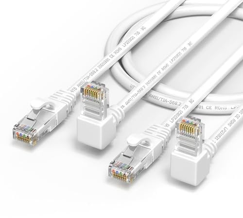 JUXINICE 2Pack 90 Degree CAT6 Ethernet Cable White 10FT-UP Angle, CAT 6 Right Angle Ethernet Patch Cable Gigabit RJ45 Network Cable,Bandwidth up to 250MHz 1Gbps