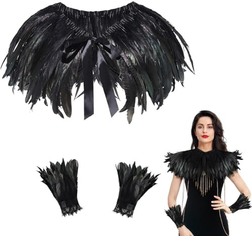 Orgoue Schwarzer Federumhang, Feder Achselzucken Schal Federkragen Damen Mit Feder-Manschetten Schwarzer Maleficent Kostüm Damen Gothic Federrock Pfau Kostüm Für Karneval