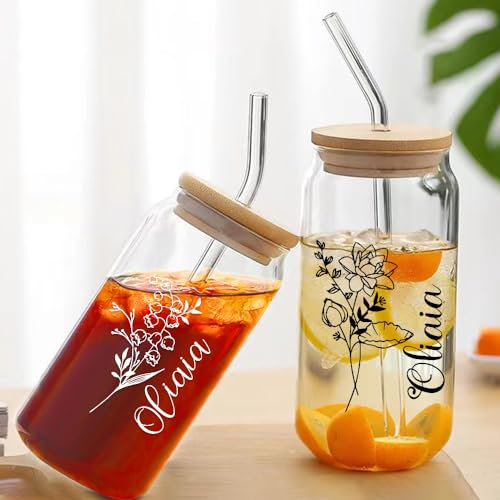 Personalised Name Glass Cup with Birth Flower, Custom Ice Coffee Bridesmaid Gift for Her, Friend, Birthday, Bachelorette Party, Wedding Aesthetic Boho Floral Beer Can Tumbler Bamboo Lid Straw