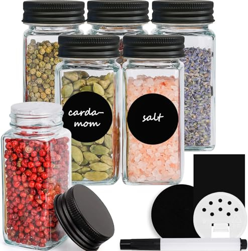Happy Lemuro Square spice jars 120ml [set of 6] spice jars with shaker insert, metal lids, labels in black | spice container set, spice storage, spice organizer