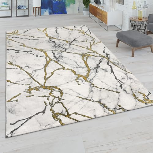 Paco Home Wohnzimmer-Teppiche Grau Gold Weich Marmor Optik Kurzflor mit vers. Designs, Grösse:200x290 cm, Farbe:Creme