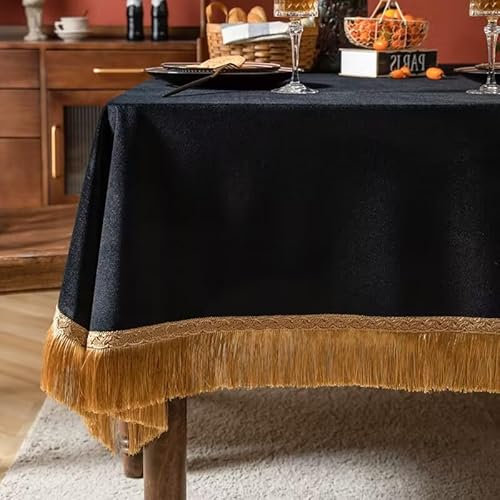 F-CHU Luxuriöse schwarze Tischdecke, dicke Samt-Tischdecke mit schönen goldenen Quasten, Tischdecke für Heimdekoration, Hochzeit, Party, Bankett und Veranstaltungen, 152 x 213 cm