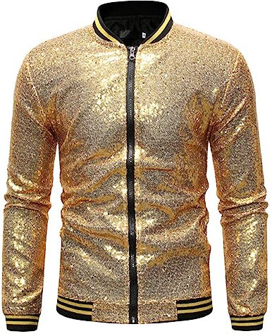 Glitzer Jacket Herren Pailletten-Jacke Metallic Nachtclub Reißverschluss Bomberjacke 80er Jahre Outfit Herren Mode Casual Baseball Bomber Glänzende Jacke Disco Party Karneval Kostüm