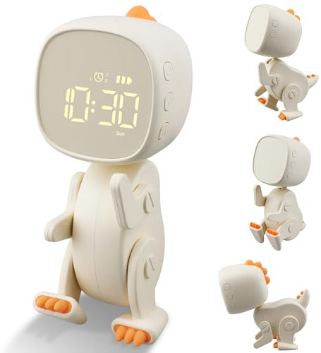 Ayybboo Digitaler Kinder Wecker Jungen Mädchen,Drei Alarmes,Dinosaurier Wecker mit Variabler Form,Schlummer, Nachtlicht Timer,6 Weckmusik,Einstellbare Helligkeit und Lautstärke,Interne Batterie(Beige)