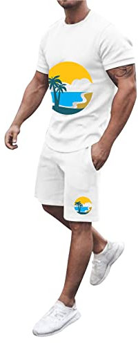 Herren Shorts Kurzarm 2-Teilig Bequme Leicht Lässig Anzüge Männer Bedruck Komfort Freizeitanzug Kurzgröße Sommer Outdoor Jogginganzug Europäische Amerikanische Stil Strand Zwei Stück Set (White, L)