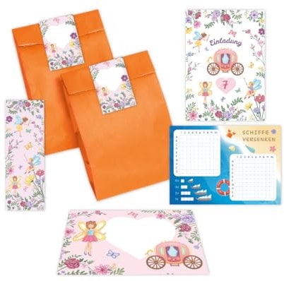 Minkocards 10 Einladungskarten zum 7. Kindergeburtstag Feen Mädchen Einladung siebte Mädchengeburtstag incl. 10 Umschläge, 10 Partytüten/orange, 10 Aufkleber, 10 Lesezeichen, 10 Schiffe versenken