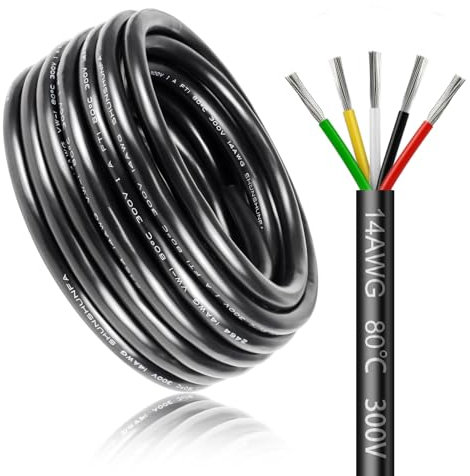 10 Meter 14AWG 5x2,0mm² Elektrischer Kabel, 5 Adriges Kabel 5V/12V/24V/300V Stromkabel Verzinntes Kupferkabel, Flexibel und Weich Niedrige Impedanz Hohe Temperaturbeständigkeit Verlängerungskabel