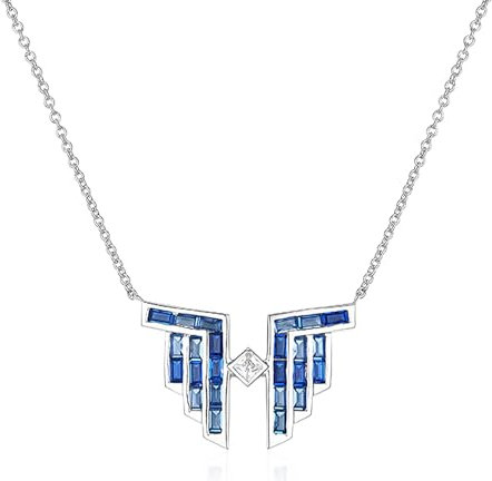 Nobel Art Deco Kette Silber 925 Halskette Anhänger Zirkonia Baguetteschliff Blau SCHMUCK
