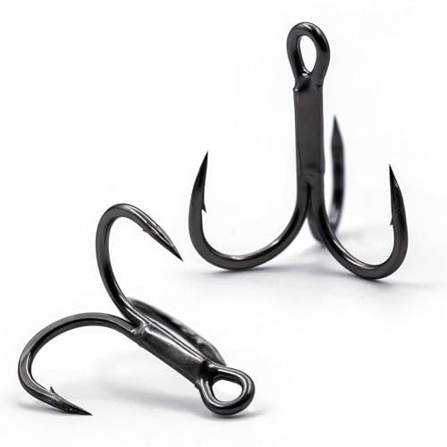 9KM DWLIFE Treble Fishing Hooks 4X Strong - 10Pcs Triple Hooks Barbed Sharp High Carbon Steel for Hard Lures for Freshwater Saltwater(Size 1/0)