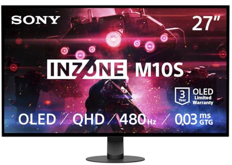 Sony INZONE M10S, monitor da gioco OLED QHD (2560 x 1440) 480 Hz 0,03 ms GTG NVIDIA G-SYNC, compatibile con DisplayHDR 400, antiriflesso, DisplayPort 2.1 (UHBR10), VRR HDMI 2.1, USB,