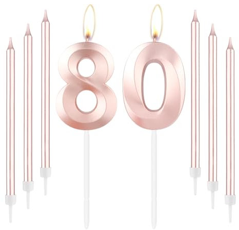 mciskin Rose Gold 80 Birthday Candles-Number 80 Candle for Cake with Long Thin Candles Set, Rose Gold Cake Topper for Women 80th Birthday Decorations Supplies,80th Wedding Anniversary Decorations
