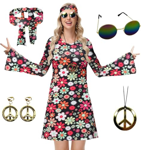 ELFIN Hippie Kleidung Damen Hippie Kleider, Rundhals Hippie Party Kleid, 60er 70er Hippie Kostüm, mit Brille, Haarband, Halskette, Ohrringen, Disco-Outfit Damen Karneval Halloween