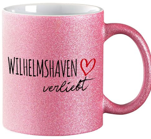 Huuraa Glitzer Kaffeebecher Wilhelmshaven verliebt Geschenk 330ml Pink Wilhelmshaven Mitbringsel