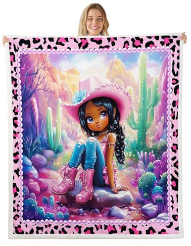 feelingyou Western Cowgirl Fleece Decke, Nettes Mädchen Kaktus Amerikanischer Stil Wurf Decke, Afrikanisch rosa Leopard Print Plaid Schwarz Leichte Polyester Sherpa Decke für Sofa, Queen Size